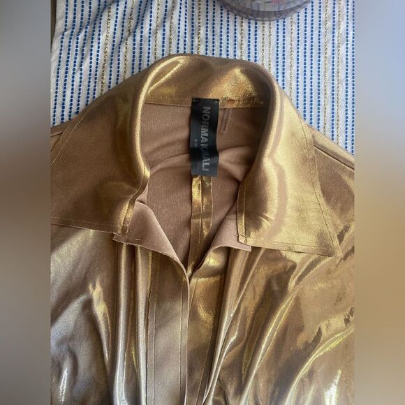 Norma Kamali TY Tie Front NK Metallic Gold Shirt Mini Dress Long Sleeve Sz Small - Picture 9 of 13